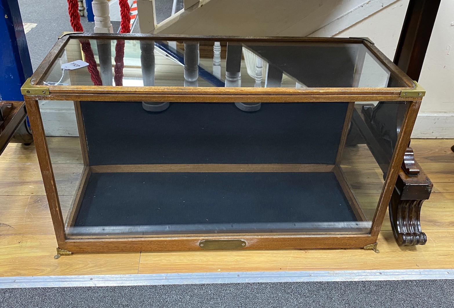 A brass mounted teak display case, width 77cm, depth 33cm, height 42cm